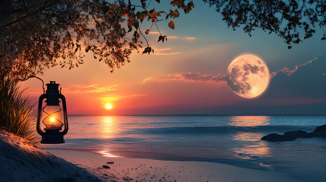 Romantic beach scene with lantern light against sunset and moonrise backdrop. Moonbreeze. Illustration