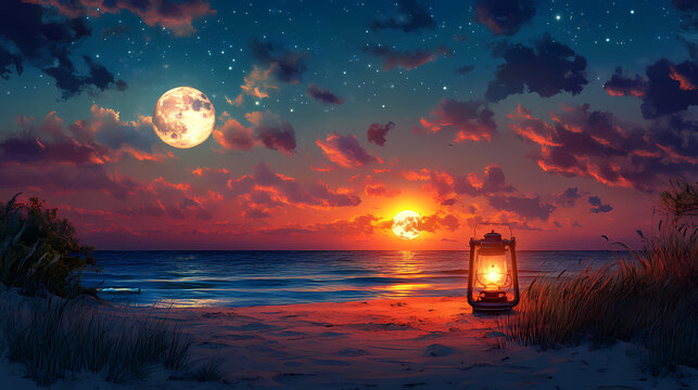 Romantic beach scene with lantern light against sunset and moonrise backdrop. Moonbreeze. Illustration
