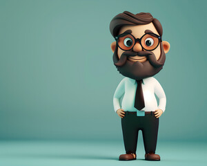 Cartoon Businessman Character Illustration with Glasses and Beard on Turquoise Background, Perfect for Marketing and Design Projects