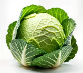 Obraz premium Fresh green cabbage head on white background. Close-up view shows detailed leaves. Healthy vegetable for salads cooking. Ripe, juicy plant. Isolated studio shot of organic produce. Ideal for food