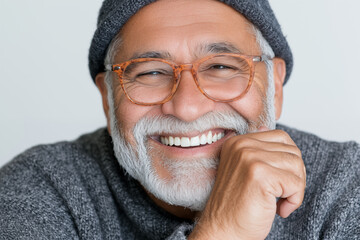 close up of a laughing man with a white beard wearing a hat and glasses on a palin background