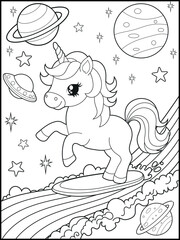Space Unicorn Coloring Page for Kids. Printable Black and White Activity Sheet with a Cute Unicorn Cartoon Character.