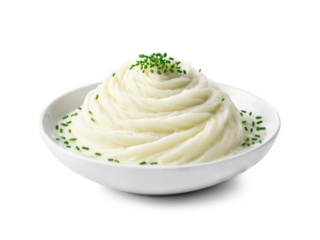 Mashed Potatoes, creamy white swirls with melting butter cascade, steam wisps, fresh chives floating, product photography, transparent background, advertising style