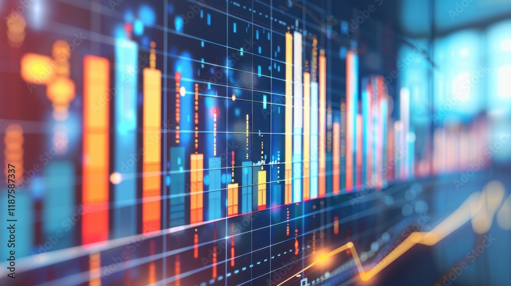 Poster visual representation of data analytics with colorful bar graphs and line charts