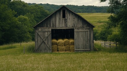 Obraz premium Weathered barn with open doors reveals bundles of hay in a serene countryside landscape. Generative AI
