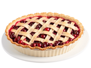 Cherry Pie, lattice crust over vivid scarlet filling, juicy whole cherries peeking through, plated slice, nostalgic americana