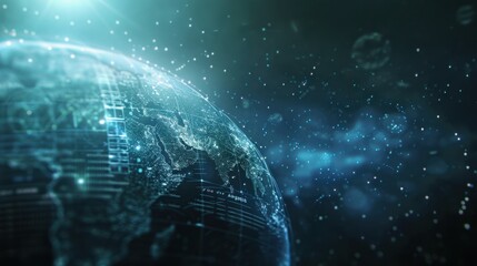 Digital globe with glowing data points and network connections, showcasing futuristic view of Earth. image captures essence of technology and global connectivity