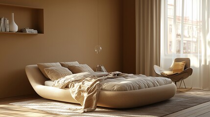 Modern beige bedroom with sunlight, bed, chair, and shelves.