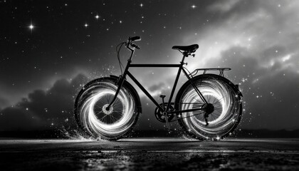 Obraz premium A mystical bicycle silhouette at night under a starry sky.