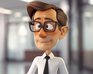 3D Illustration of Business Professional with Glasses in Office Setting