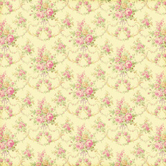 Vintage floral bouquet wallpaper pattern in pastel pink and green on cream background. Ideal for shabby chic décor, textiles, wrapping paper, and feminine designs.