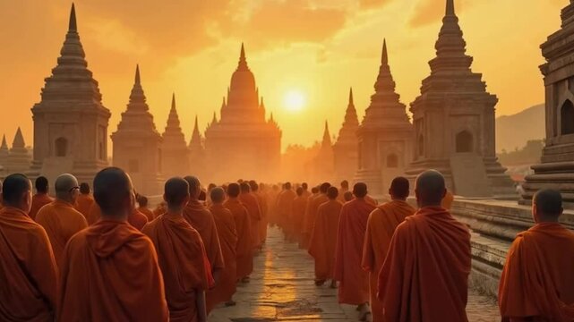 Buddhist novice monks with Buddhist crowd Lord Rama, Sita, and Lakshman returning to Ayodhya, greeted by joyous crowds and illuminated pathways