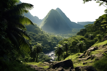 Lush green valley with majestic mountains and flowing river under a bright sky in a tropical landscape