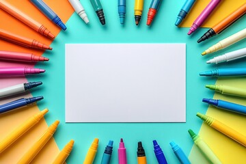 Fototapeta premium Colorful Markers Surrounding Blank White Paper on Child's Desk for Drawing and Creativity