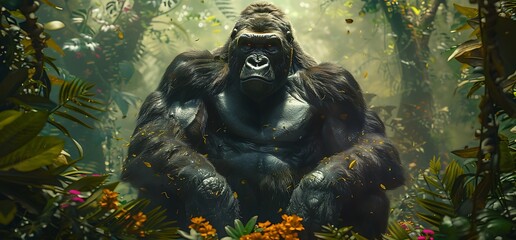 Powerful gorilla sits amidst lush rainforest foliage.