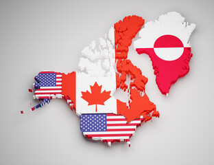 3d maps of the USA, Canada and Greenland with the respective flags as pattern. Concept for imperialistic tendencies in the US to annex Canada and Greenland. © Andreas Prott