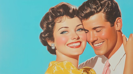 Wholesome 1950s couple in joyful embrace against a vibrant blue background