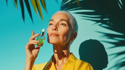 Elegant woman applying serum while holding cosmetic container against bright backdrop - obrazy, fototapety, plakaty