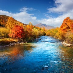 Obraz premium 川がカラフルな秋の木々の間を流れる絵のような風景。