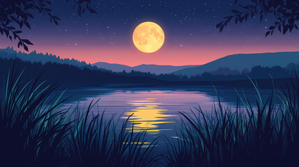 Moon rising over dark horizon with reflection on water, peaceful, nature, moonrise. Moonbreeze. Illustration
