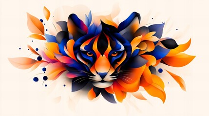 Vibrant tiger portrait nestled in a colorful floral design. Bold colors and intricate details create a striking image.