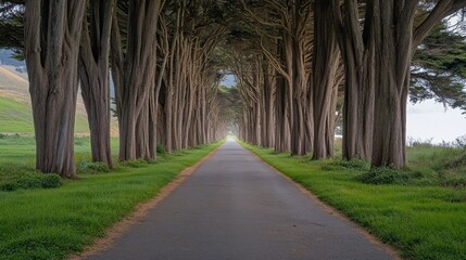 Obraz premium Coastal tree tunnel road, scenic drive, fog, pasture