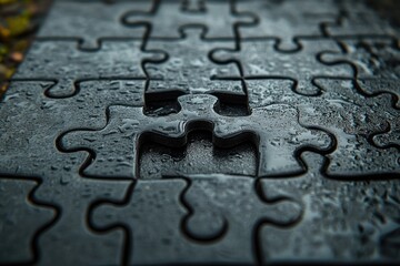 Puzzle Piece Fitting into Black Puzzle on Wooden Table for Concept of Balance and Opposites