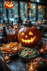 Halloween Pumpkin Centerpiece with Nachos and Guacamole for a Festive Party Decoration