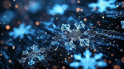 Techno-Winter Wonderland: A Fusion of Snowflakes and Futuristic Technology Creating an Enigmatic and Mesmerizing Composition