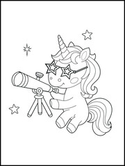 Space Unicorn Coloring Page for Kids. Printable Black and White Activity Sheet with a Cute Unicorn Cartoon Character.