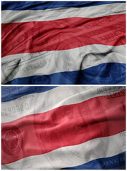 collage of two waving colorful flag of costa rica on the dollar money background. finance concept.