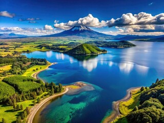 Fototapeta premium Aerial View Lake Taupo Volcanoes Tongariro National Park New Zealand Stunning Landscape