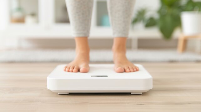 Individual stands barefoot on a digital scale in a contemporary bathroom, checking weight and monitoring health progress in a cozy environment