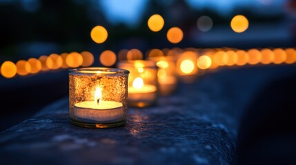 Candles illuminate a somber tribute alongside an American flag, providing a peaceful setting during the twilight hours