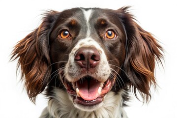 Fototapeta premium Brittany Spaniel Dog, Black and White Photo, Purebred Canine, Hunting Dog Portrait, Brown Eyes, Panting, Close Up