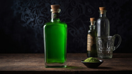 Green liquid in a glass bottle, with a small bowl of green powder on a dark wooden table.  Other bottles in the background.