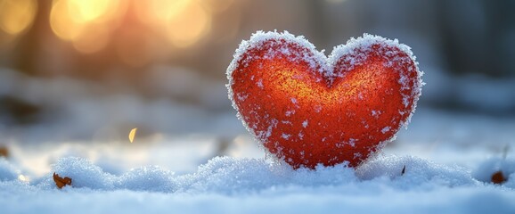 Red heart covered in snow sits in the snow during sunset.