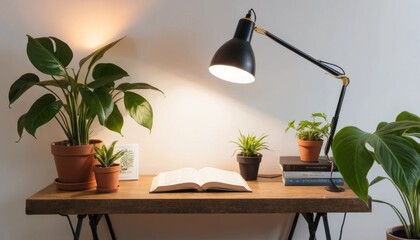 A cozy workspace featuring books, a lamp, and indoor plants.