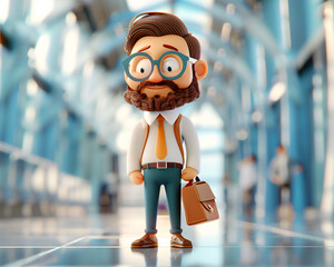 Cartoon Businessman Character Illustration in Modern Office Corridor