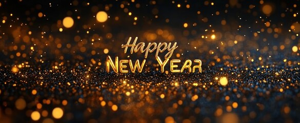 Glowing Golden Happy New Year Celebration with Shimmering Stars and Glitter on Dark Background