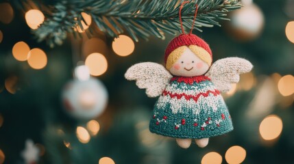 A charming Christmas angel ornament dangles from a decorated tree, surrounded by sparkling lights and colorful baubles, capturing holiday joy