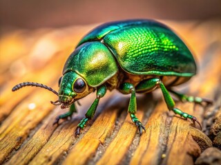 Fototapeta premium Close-Up Green Beetle Wood Minimalist Photography - Macro Insect Nature Image