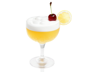 Whiskey Sour cocktail, frothy egg white foam, maraschino cherry and lemon wedge, amber liquid, retro coupe, energetic pour