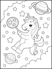 Space Unicorn Coloring Page for Kids. Printable Black and White Activity Sheet with a Cute Unicorn Cartoon Character.