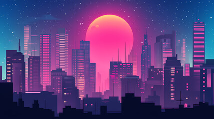 Naklejka premium Enchanting pink moonrise over a futuristic cityscape at twilight, vibrant neon lights illuminating towering skyscrapers. Moonbreeze. Illustration