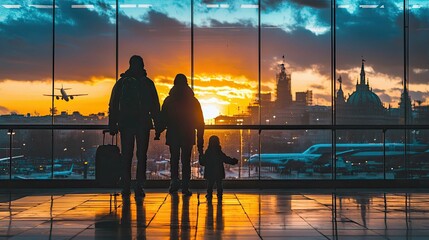 Family Silhouette at Sunset Airport: Embarking on a Journey