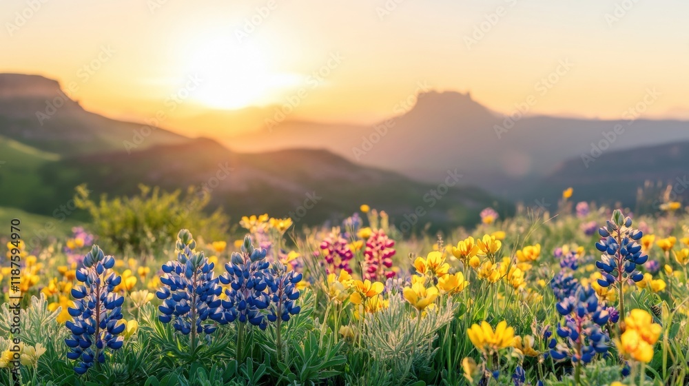 Canvas Prints Colorful wildflowers bloom in a field under a radiant sunrise, showcasing the beauty of nature against a mountain landscape