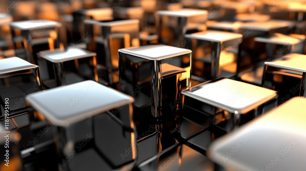 Poster a collection of shiny metallic blocks arranged in a grid, reflecting warm light and creating an abst