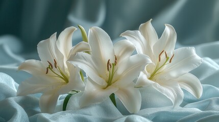 Fototapeta premium Elegant white lilies on soft fabric background.