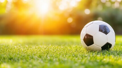 Fototapeta premium A soccer ball lies on vibrant grass, illuminated by the golden sunlight of a late afternoon, creating a peaceful outdoor atmosphere